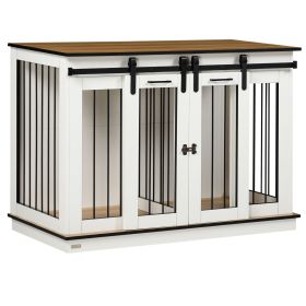 47in Dog Crate Furniture with Divider Panel, Wooden Dog Kennel TV Stand for Large Breeds, Pet House Side Table for 2 Small Breeds with 2 Rooms De